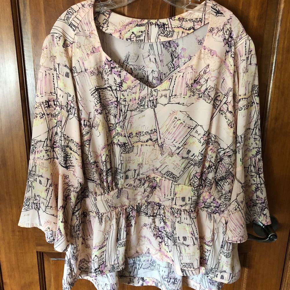 Seven7 Cream Pink and Black Abstract Peplum Blouse